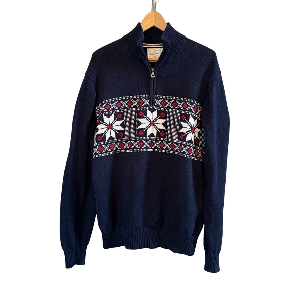 Men's Weatherproof Vintage Navy Blue Nordic Snowflake Winter 1/4 Zip Sweater L